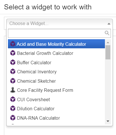 Screen capture: Select a widget to work with. “Choose a Widget” drop-down menu with a long list of options.