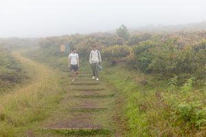 Two student researchers walking along a path on San Cristóbal island in the Galápagos Archipelago.