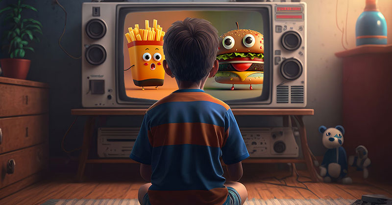 A child sitting in front of a TV showing an animated burger and fries.