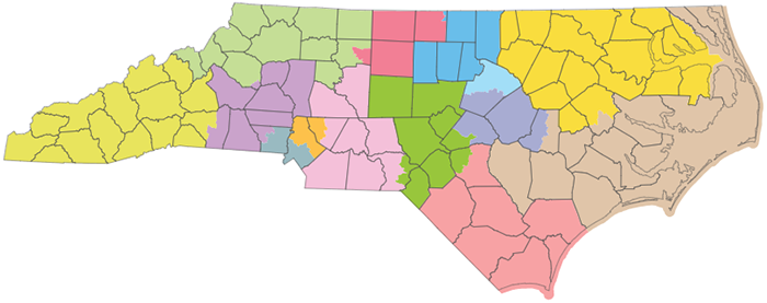 A map of North Carolina showing all 100 counties and 14 U.S. Congressional districts.