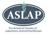 Logo featuring a medical caduceus on a dark blue oval. ASLAP: The American Society of Laboratory Animal Practitioners