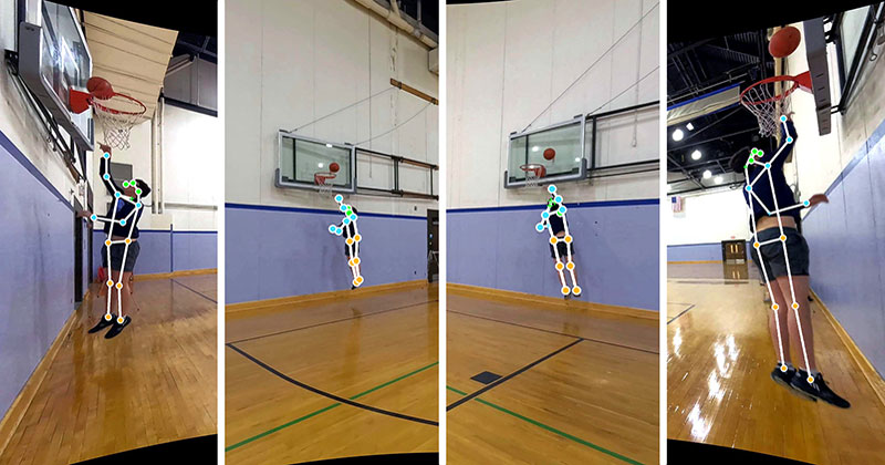 Four images side by side showing different angles of a person making a basketball layup on an indoor court