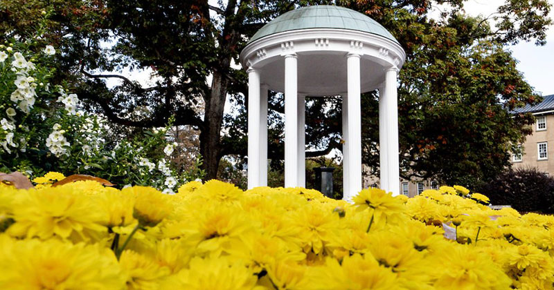 The UNC-Chapel Hill old well with flowers in the foreground