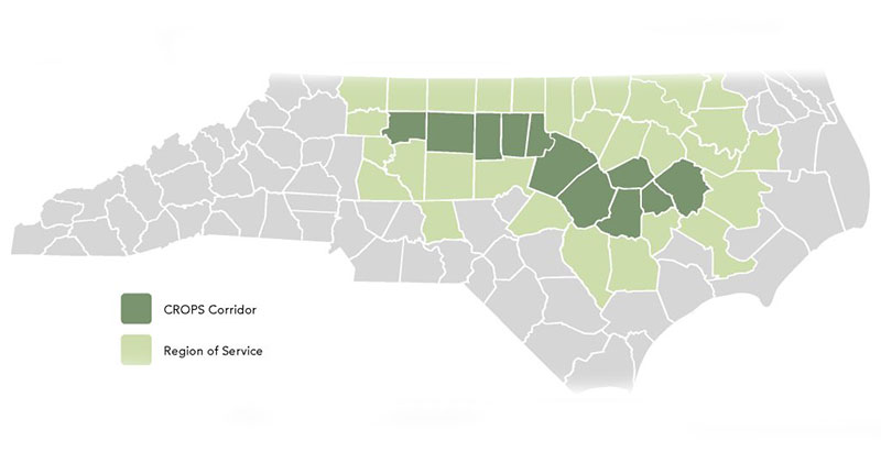 A graphic of North Carolina with the center counties highlighted in green.